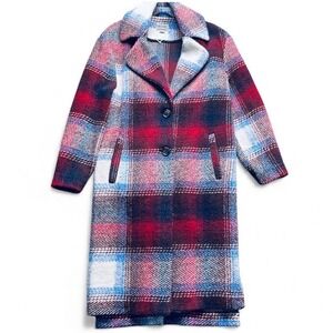 Bernie Bernardo Women Coat Wool Blend Plaid Red Navy White Size S Oversized Chic